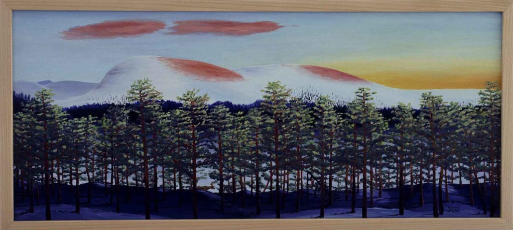 Bild:Vårvinter.Vorfrühling,Store,Lulevatten,Nationalpark,See,Bäume,Föhren,Abendrot,Wolken,rote Wolken,Rot,Wald,Rentier,Schweden,Lapland,Schnee,d-t-b.ch,d-t-b,David Brandenberger,Biber,dave the beaver,Ölbild,Malerei,Ölfarbe,