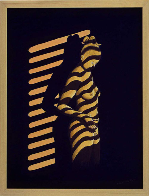 Bild:Dawson,City,Lights,Licht,Strassenlampe,Leuchte,Jalousie,Schatten,Frau,Akt,Kanada,Zebra,d-t-b.ch,d-t-b,David Brandenberger,Biber,dave the beaver,Ölbild,Malerei,Ölfarbe,