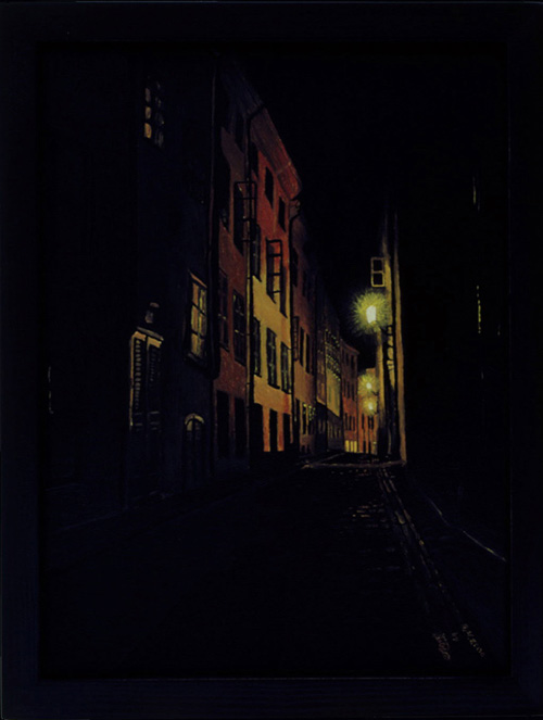 Bild:Prästgatan på natten,Ölbild,Ölfarbe,Leinwand,Stockholm,Prästgatan,Gamla Stan,Altstadt,Nacht,dunkel,Häuser,Laterne,Strasse,Gasse,Schweden,David Brandenberger,d-t-b.ch,Biber,