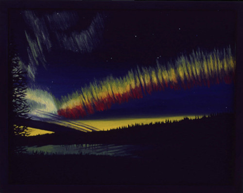 Bild:Rainbow,Night,Regenbogen,Nacht,Nordlicht,Moon,Lake,Alaska,dreifarbig,See,grün,rot,gelb,d-t-b.ch,d-t-b,David Brandenberger,Biber,dave the beaver,Ölbild,Malerei,Ölfarbe,