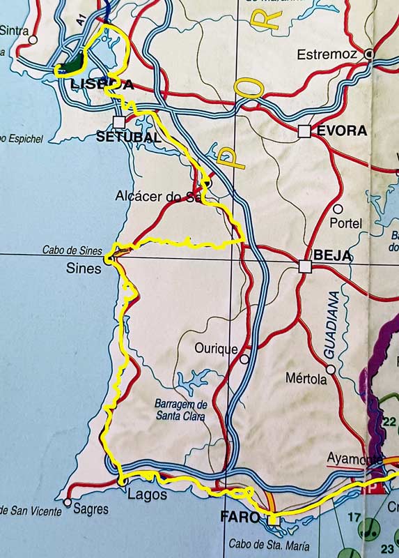 Karte von Portugal mit der Reiseroute