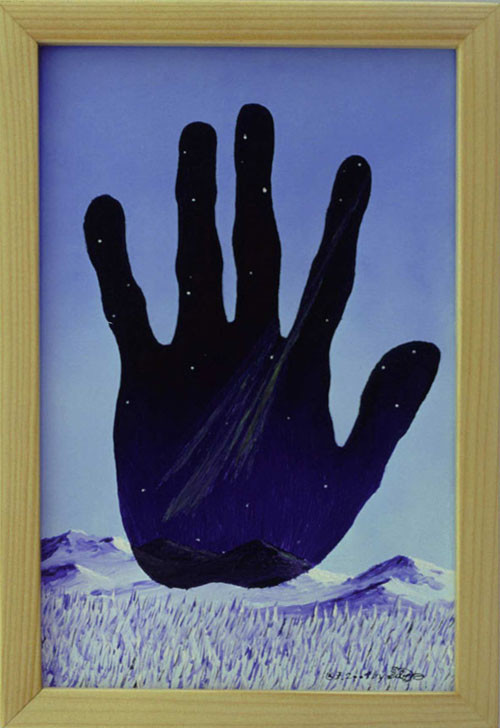 Bild:Touch,night,Berührung,Nacht,Schnee,Berge,Landschaft,Tag,Hand,Winter,Magritte,Nordlicht,d-t-b.ch,d-t-b,David Brandenberger,Biber,dave the beaver,Ölbild,Malerei,Ölfarbe,