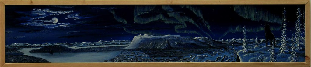 Bild:Lone Wolf,Wolf,Einzelgänger,Panorama,Nordlicht,Wolken,Sarek,Nationalpark,Schweden,Lapland,Rapadalen,Mond,Vollmond,Winter,Schnee,Doppelbild,Frau,Nacht,d-t-b.ch,d-t-b,David Brandenberger,Biber,dave the beaver,Ölbild,Malerei,Ölfarbe,
