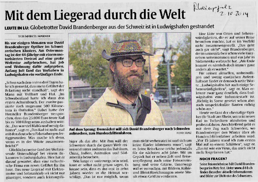 Zeitungsartikel in der "Rheinpfalz" (DE) vom 2.10.2014