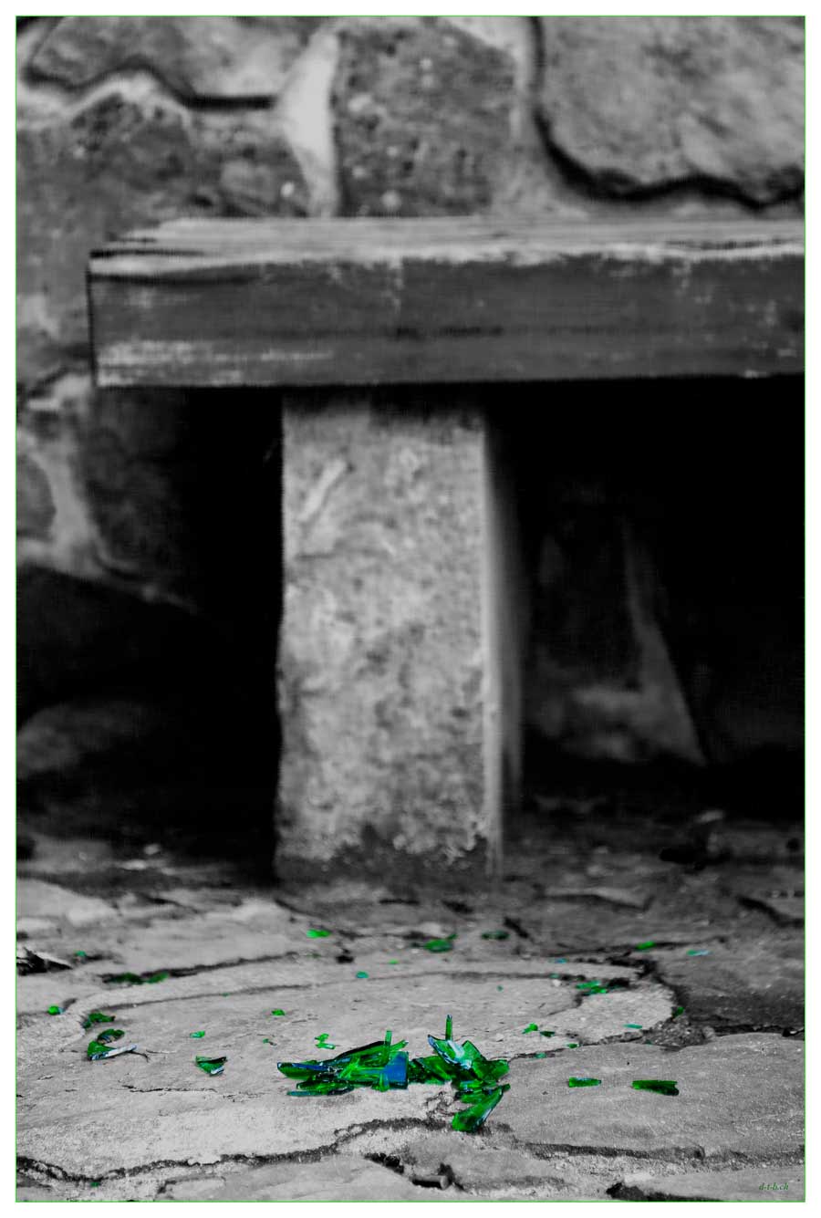 Bild:Foto,Kust,KF005,Beziehungsende,Bank,Scherben,Flasche,Bier,Schwarz-Weiss,Grün,David Brandenberger,
