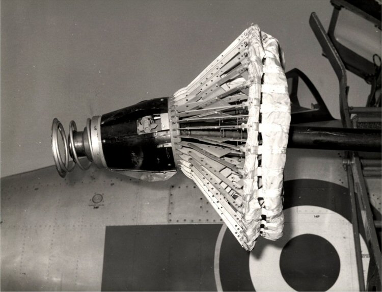 Here is a drogue still attached to a 5 Sqn Lightning probe back at base - that must cost a beer...