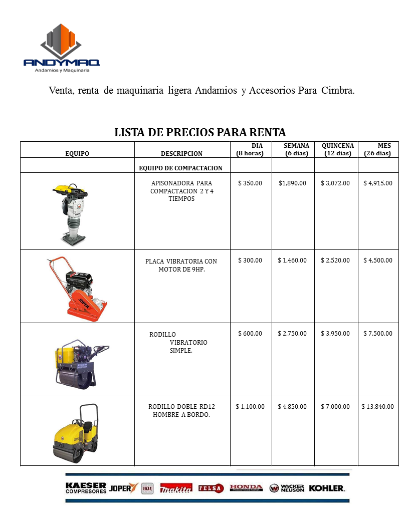 Precios de renta equipo para compactacion ANDYMAQ