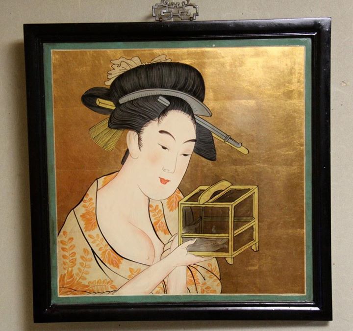 「虫籠 」模写美人画看板　（喜多川歌麿）