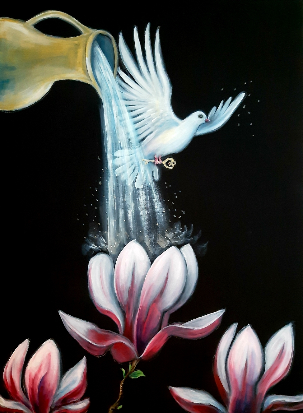 "Magnolien und lebendiges Wasser" Acryl auf Leinwand 60×80 cm