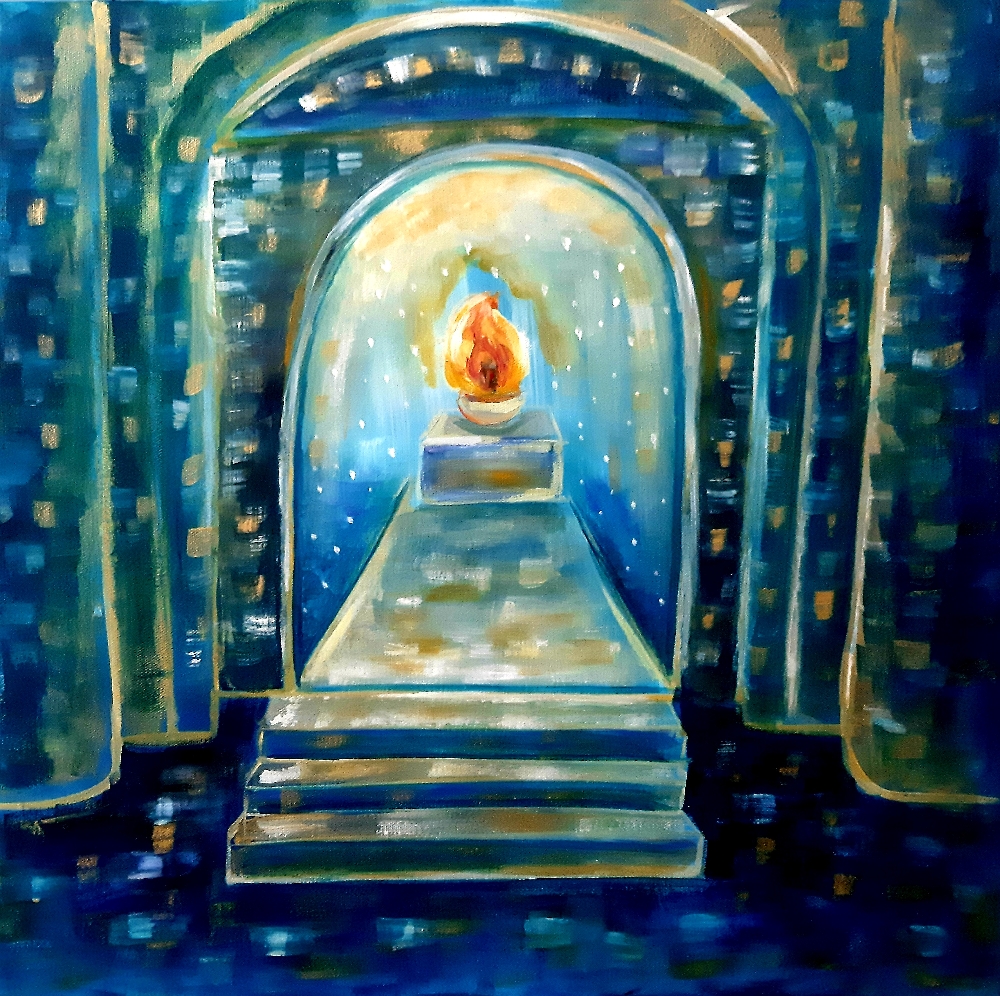 Feuer der Anbetung auf dem Altar im Tempel 50×50 cm Acryl auf Leinwand 