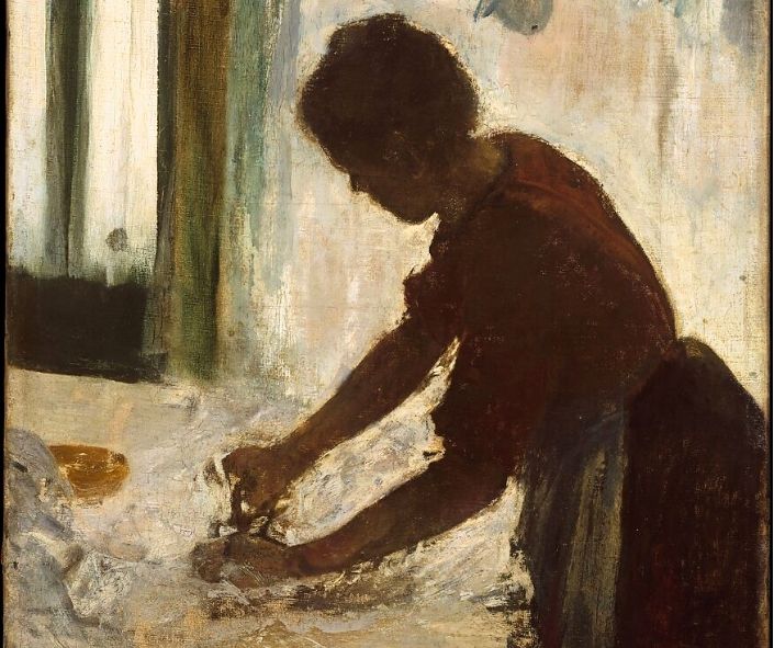 A woman is depicted ironing clothes — her figure is dark against a bright background, with focus on her hunched posture and the ironing tool.