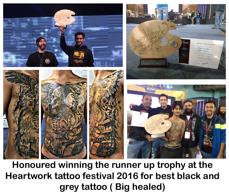 Runner up award for best black and grey tattoo (healed) at the, Heartwork tattoo festival 2016, new delhi. 