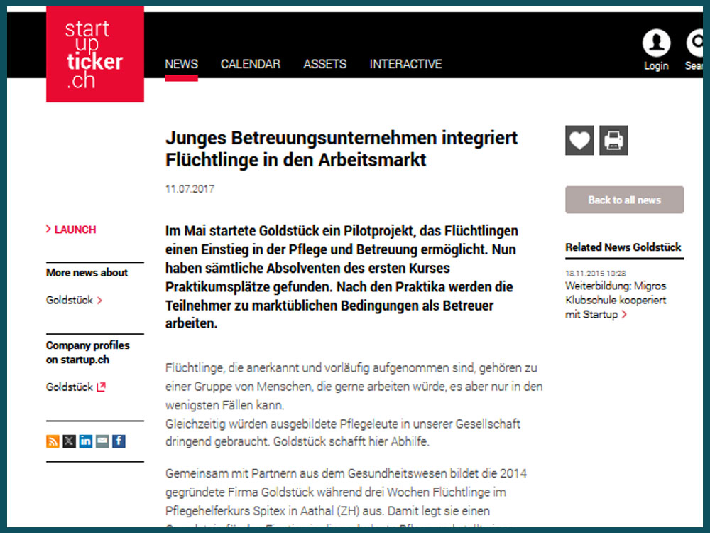 Startupticker.ch berichtet über Goldstück at Home