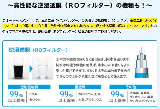 ウォータースタンドには、逆浸透膜(ROフィルター)を使用する機種も