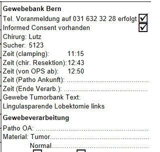 Clamping, resection and delivery times registered in the submission form