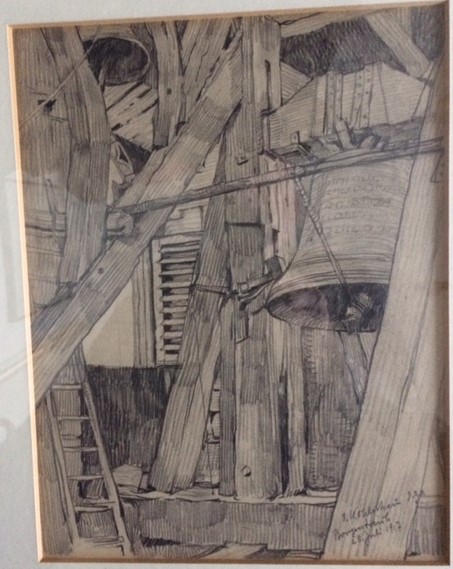 Der Borgentreicher Glockenturm in einer Zeichnung des Künstlers Josef Kohlschein d.J. aus dem Jahr 1917.