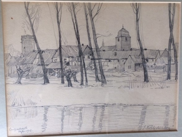 Eine Kohlschein-Zeichnung der Borgentreicher Stadtsilhouette mit dem Schützenteich im Vordergrund.