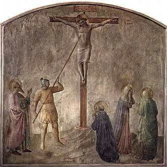 Kreuzigung Christi mit Lanzenstich des Hauptmanns Longinus, Fresko von Fra Angelico (um 1437–1446)_wikipedia