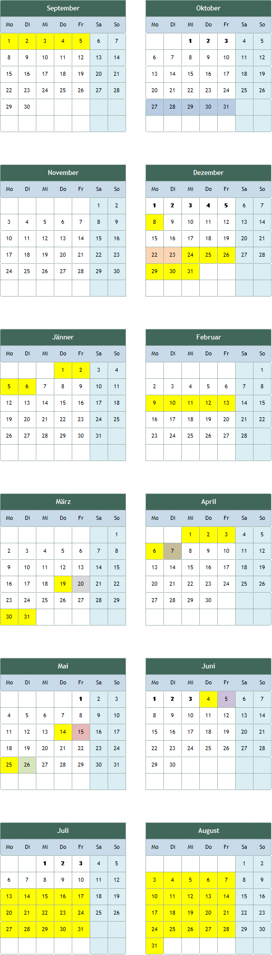 Kalender Varianten für schulautonome Tage