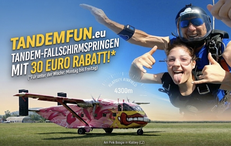 Günstiger Fallschirm-Tandemsprung in Klatovy von Montag bis Freitag - Rabatt Tage zum sparen nähe Deggendorf