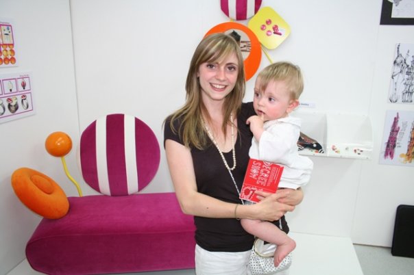 Emma Hedley at her final degree show with baby celebrating completing the course together 2007 pink Memphis inspired Chaise Longue chaise by me