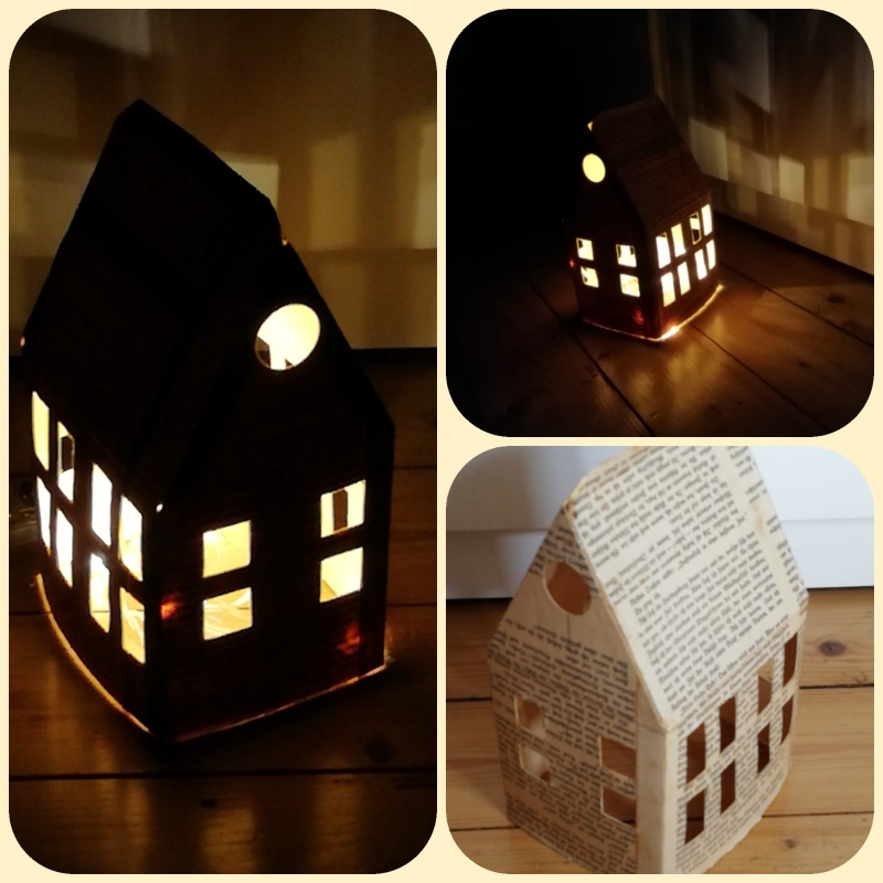 Lichthaus aus alten Buchseiten, stabil und mit Lack überzogen. Mit Lichterkette zu beleuchten, 6€.