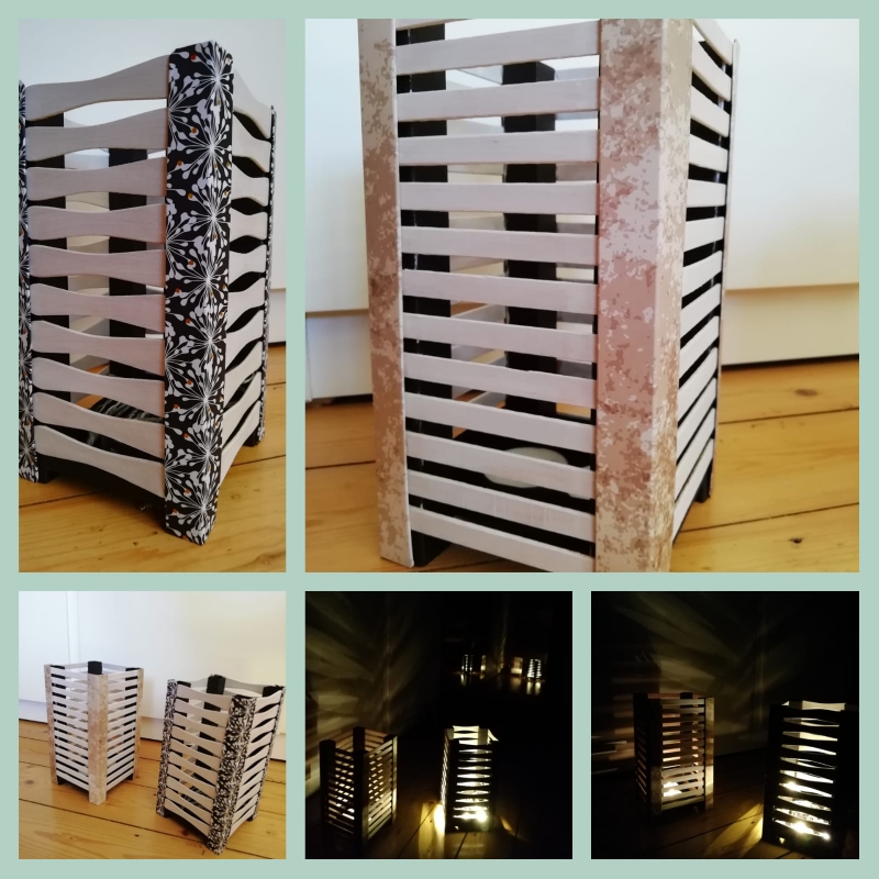 Lampe aus Holz und Papier, für Lichterkette oder Teelicht im Glas, 8€.