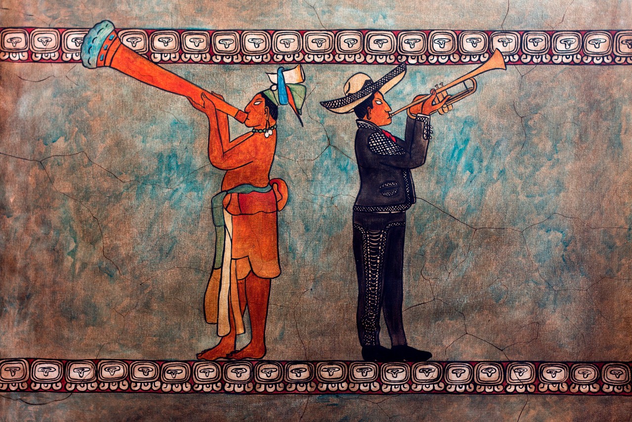  -Iik' K'aay - La música de aliento. Blasmusik. 90 x 60 cm. 2013. Mischtechnik auf Leinwand