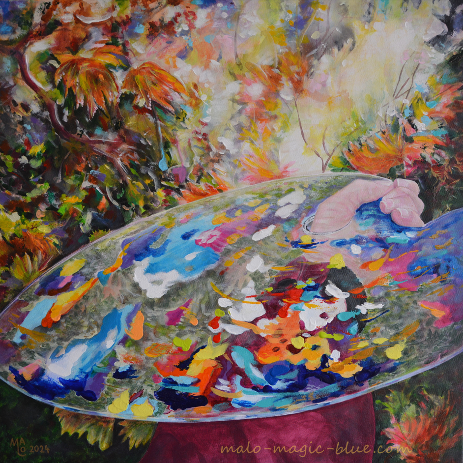 Farbpalette aus durchsichtigem Acrylglas für Acrylfarben, gemalt vom Grazer Künstler MaLo Magic Blue, der mit der Farbpalette sinnbildlich die Farbe der Natur auffängt um sie in seinen Gemälden zu verewigen.