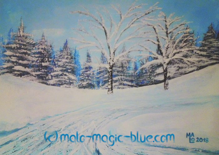 MaLo 2018 * Wintertag * Original Acrylbild auf Papier im blauen Holzrahmen 40 x 30 cm, verkauft