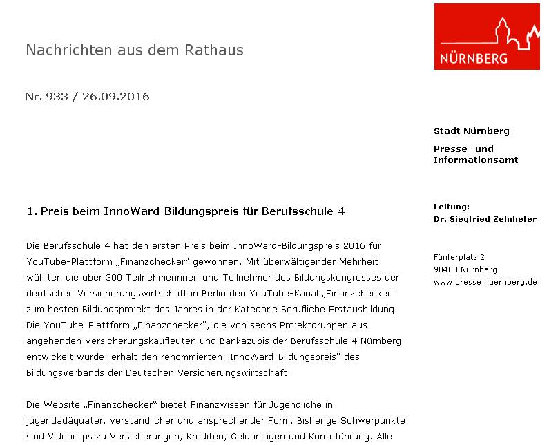 Pressemitteilung des Presseamts der Stadt Nürnberg (Screenshot vom 26.09.2016)