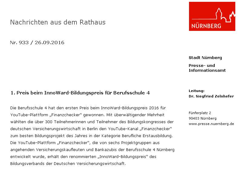 Wir haben es tatsächlich geschafft!!! Platz 1 für den "Finanzchecker"!!! (Pressemeldung der Stadt Nürnberg vom 26.09.2016)