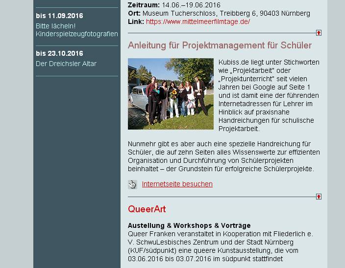 Zwischen Mittelmeerfilmtagen und einer Kunstausstellung - Hinweis und indirekter Link auf unsere Anleitung zum Projektmanagement für Schüler im Veranstaltungskalender des Nürnberger Kultur- und Bildungsservers "kubiss.de" (Screenshot vom 10.06.2016) 