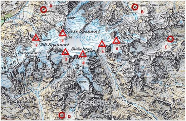 Dit kaartje geeft een deel van de opties weer van de mogelijkheden rondom dom Spannorthütte