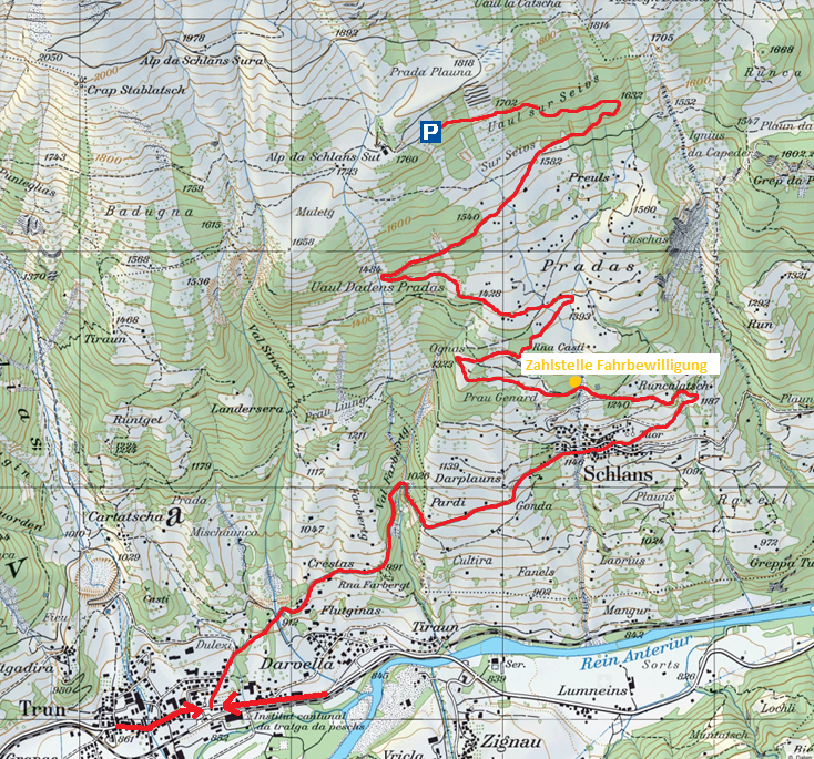 Routekaartje alp da Schlans, Schweiz