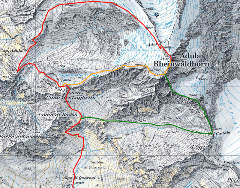 Routekaartje naar de Adula top, normale route, plus varianten, Tessin, Schweiz, Zwitserland