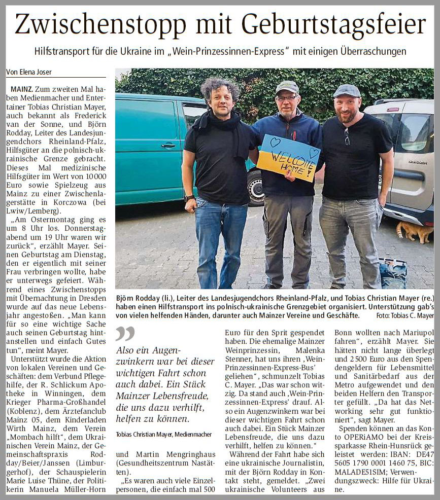 Bericht vom 27.April in der Allgemeinen Zeitung Mainz/Rheinhessen - Ärztefanclub Mainz 05 mit umfangreicher Unterstützung