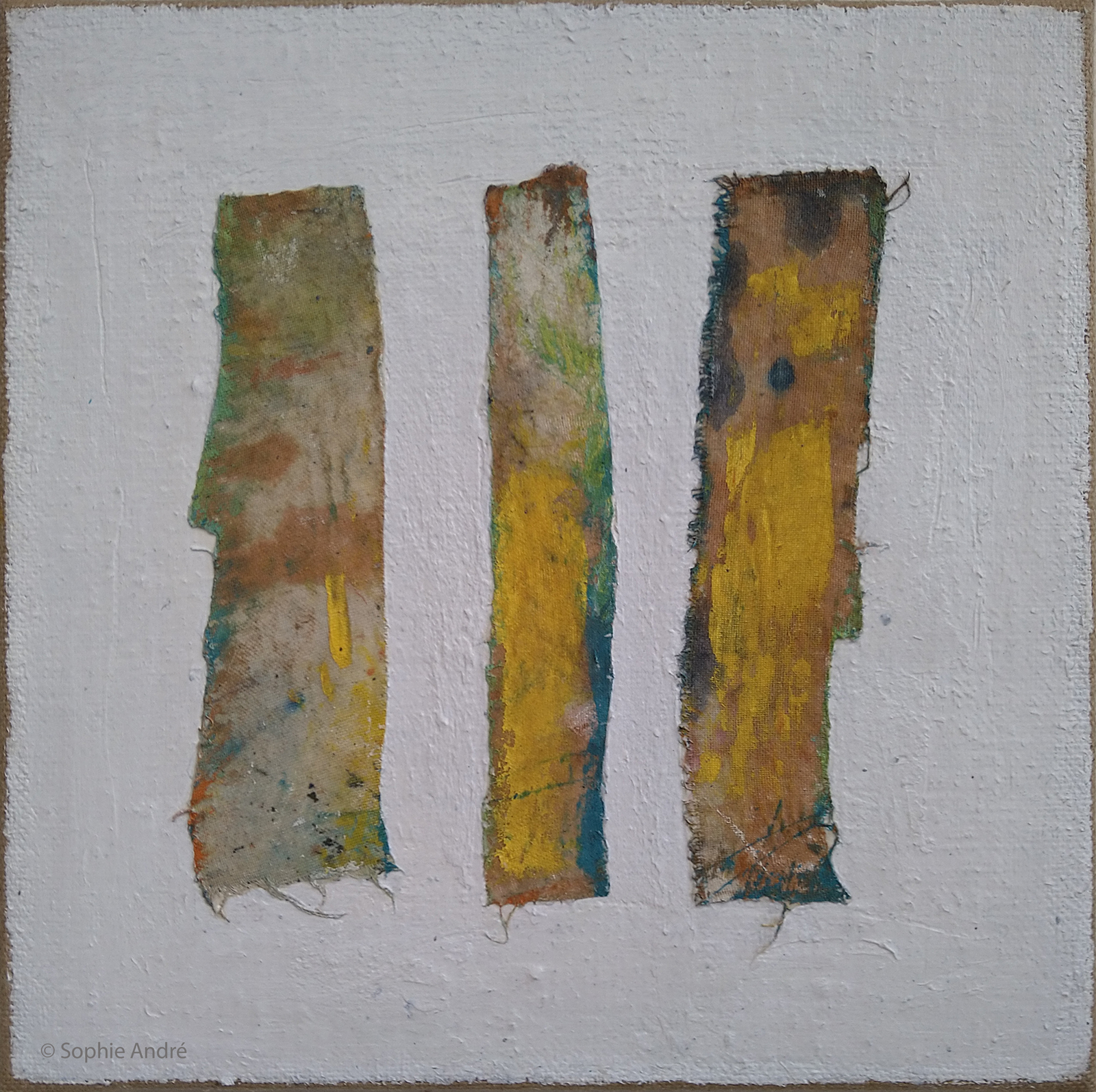 Le Chant des arbres composition mixte tissu recyclé acrylique sur toile de jute 30*30 cm 2024