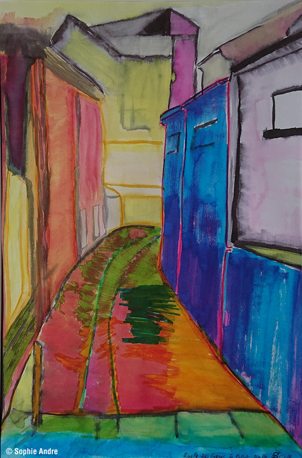 Ruelle des Grèves Le Pollet Dieppe Aquarelle à l'encre 65x50 cm 2019