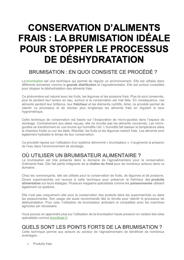 CONSERVATION D’ALIMENTS FRAIS : LA BRUMISATION IDÉALE POUR STOPPER LE PROCESSUS DE DÉSHYDRATATION
