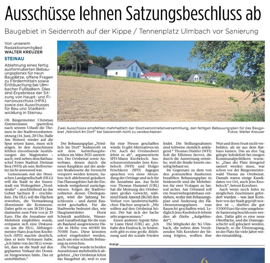 11.06.2022 - Ausschüsse lehnen Satzungsbeschluss ab