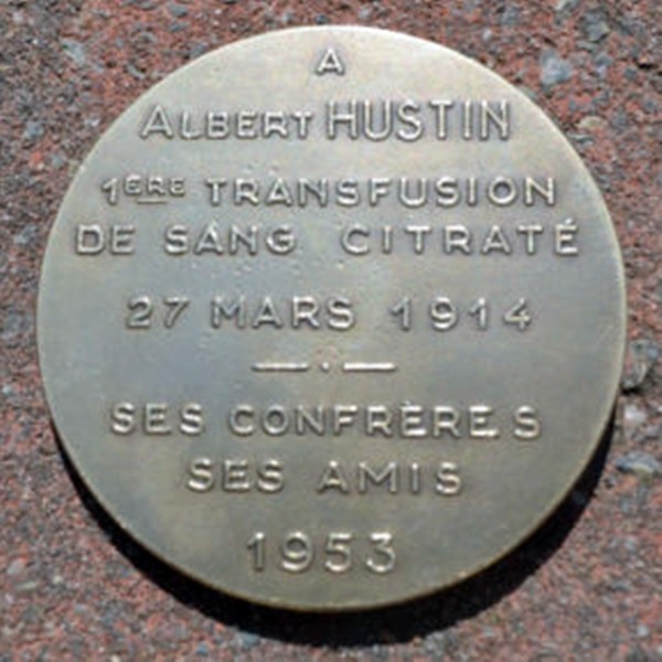 Dorso Medalla Homenaje del Dr. Albert Hustin 1953 Primera Transfusión de Sangre Citratada, 27 de Marzo 1914... Grabado por por el Escultor Bonnetain en 1952. Diámetro 60 mm. Metal Bronce Plateado de 105 gramos.