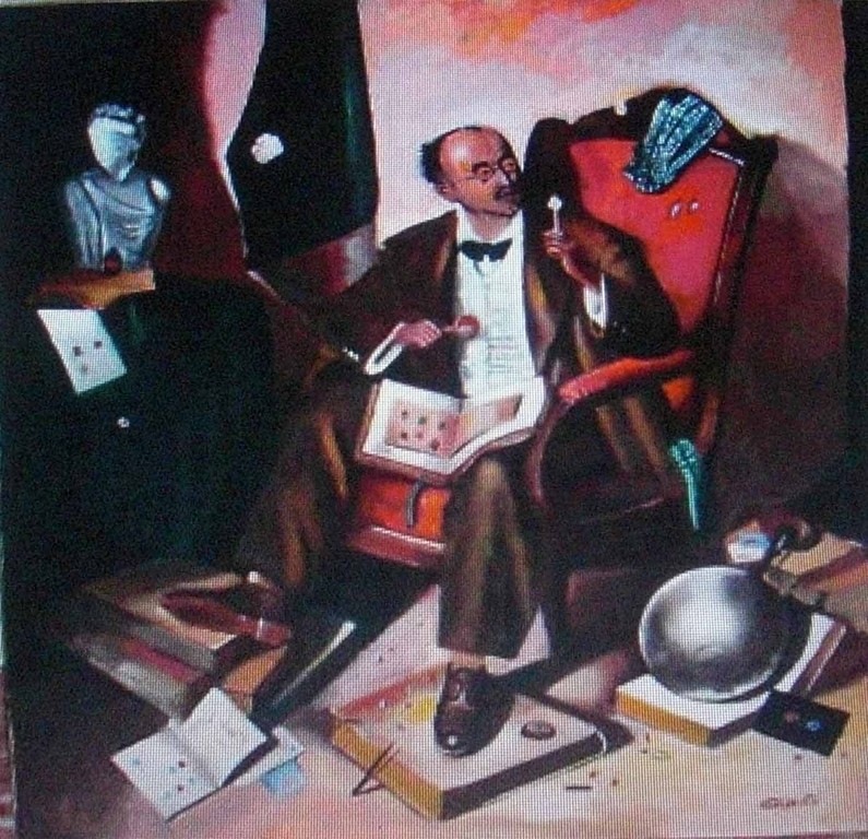 óleo 55x60, copia de El Filatelista del pintor Grigori Ivanovich Sciltian (1900-1985), fue reproducida en un Sello cubano de 1968 (Catálogo Scott 1332).