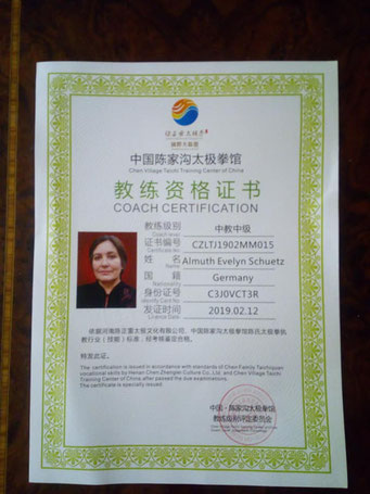 Chinesisches Lehrerzertifikat Stufe 5 v. 9 durch GM Chen Zhenglei/ Zentrale des CZL Taiji China