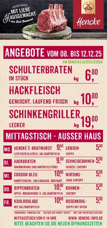 Mittagstisch von Montag bis Freitag - Fleischerei Hencke Bad Bevensen