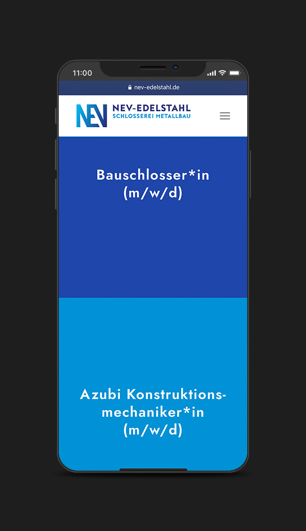 Mobile-Website für NEV-Edelstahl – Bauschlosserei und Metallbau aus Eggenstein-Leopoldshafen
