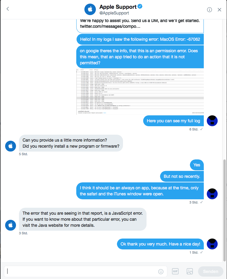 Apple Support über Twitter DM, bezüglich eines Fehlers