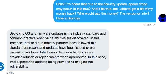Antwort auf meine Frage beim Intel-Support (Twitter Direct Message)