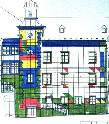 Leiben / Niederösterreich, 17th Jh., Innenhof, Ostfassade, Bundesdenkmalamt / Tinzl 1996.  Kartierung der Schadensphänomne, in 4 Kategorien klassifiziert, entsprechend der Art der Schadensphänomene und entsprechend dem zu erwartenden Arbeitsaufwand