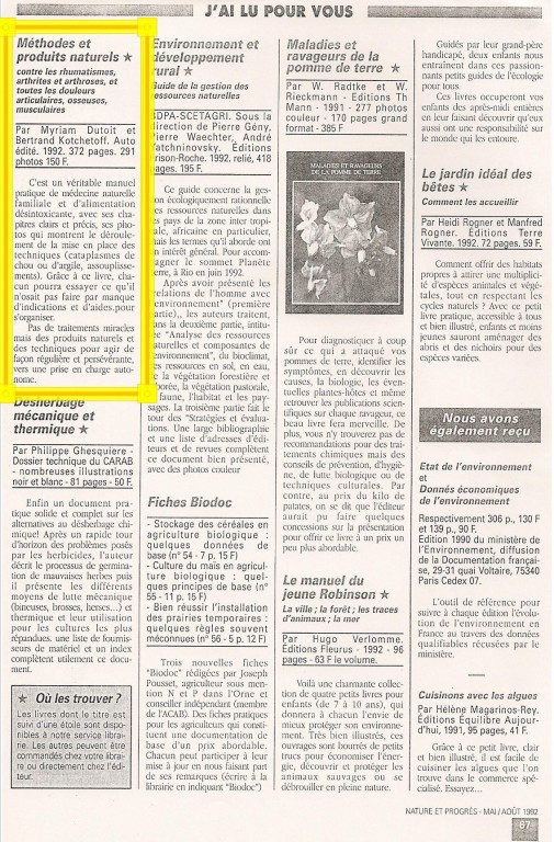 Revue "Nature et Progrès" Mai-Août 1992